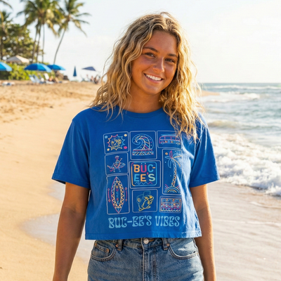 Buc-ee's Tiki "Buc-ee's Vibes" Bold Blue Crop Top