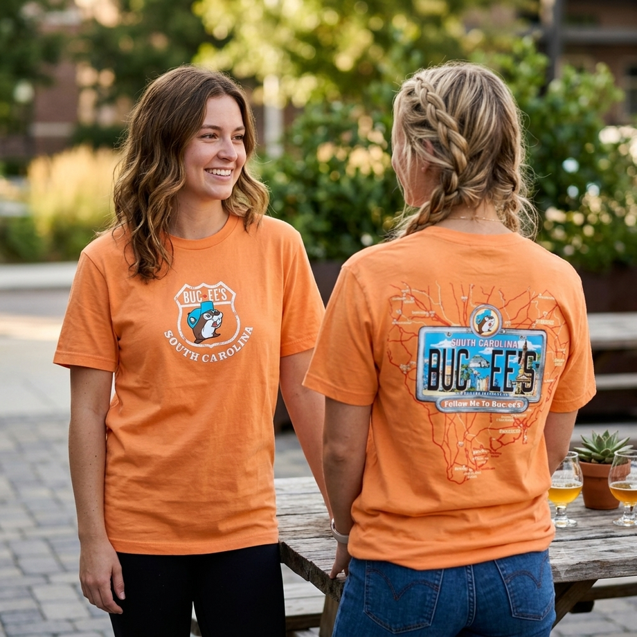 Buc-ee's South Carolina Roadmap License Plate Orange Shirt