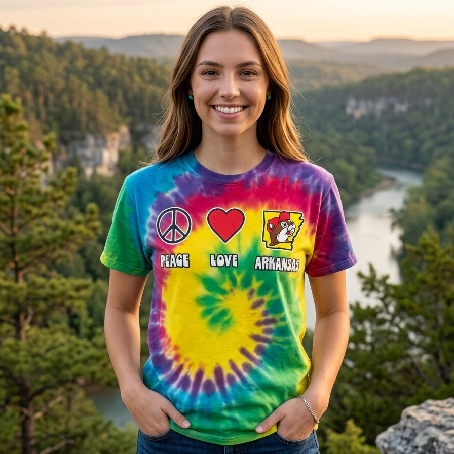 Buc-ee's Tie-dye Peace, Love, Arkansas Shirt